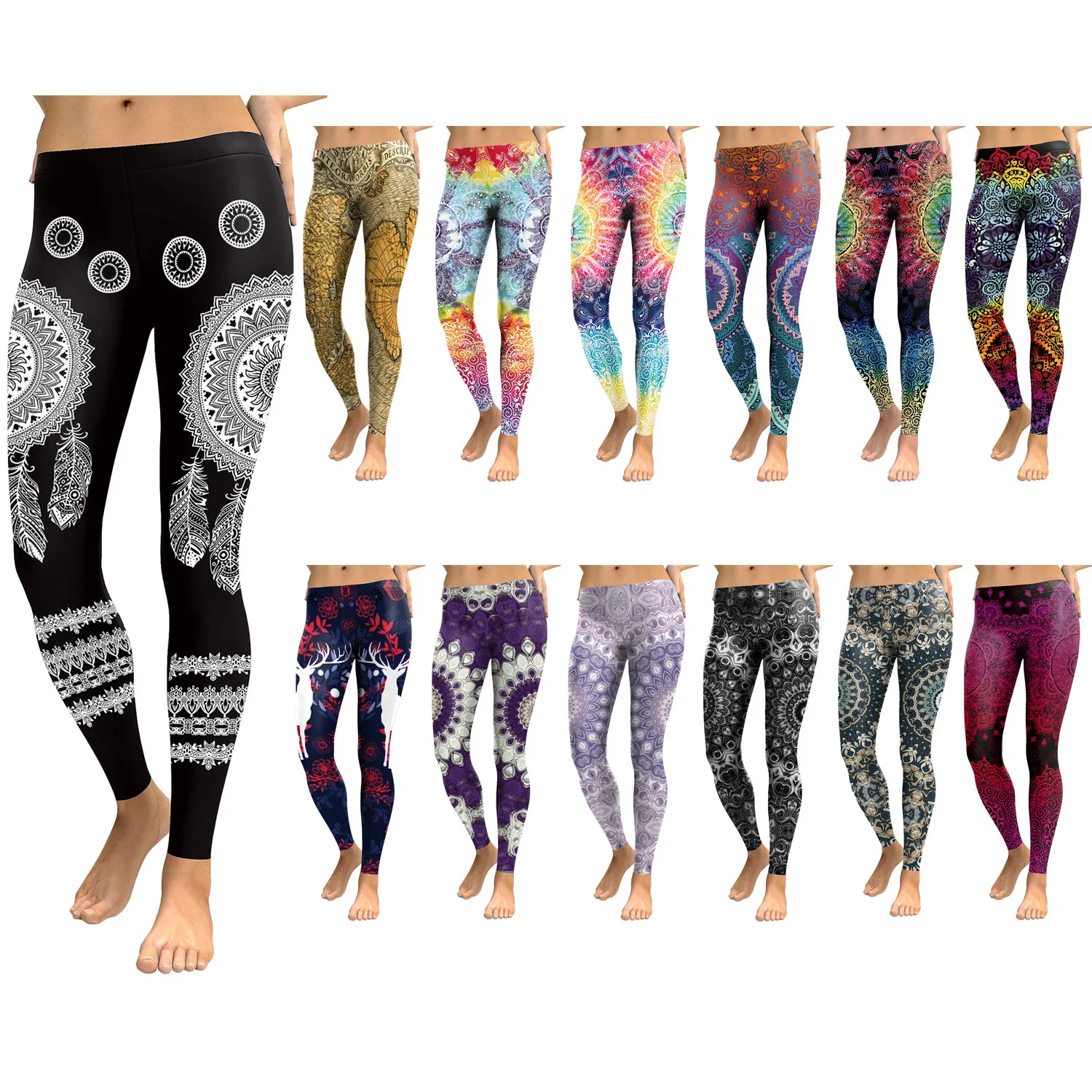 

JIGERJOGER 2019 Black white Mandala Dreamcatcher printed women Leggings Plus size Women's yoga pants sports wear for women gym