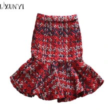 Мода Зима Осень Женская твидовая юбка вязанная Высокая талия утолщенная тонкая клетчатая юбка труба оборки подол миди нейлон saias