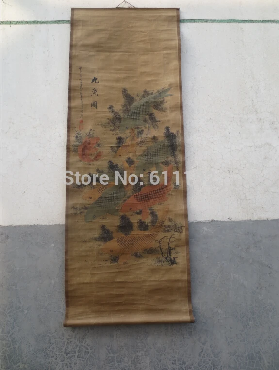 

Vintage Chinese Realist hand-painted old scroll painting 'the 9 fish' Fig 68*24inch
