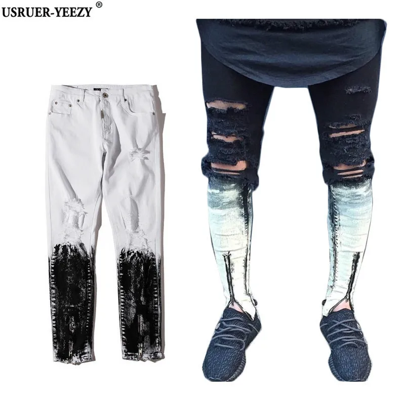 USRUER YEEZY New Quality White Black Ripped Destroyed Mens Bottoms Zipper Skinny Slim Painted Denim Jeans