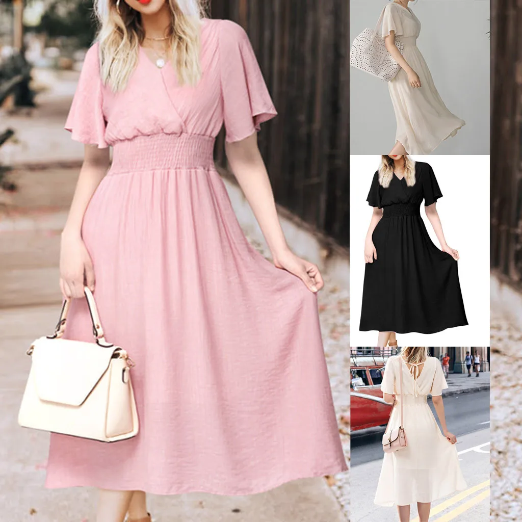 

Fashion Women Casual V-Neck Solid Chiffon Short Sleeve Dress Fashion Ladies' Clothing
