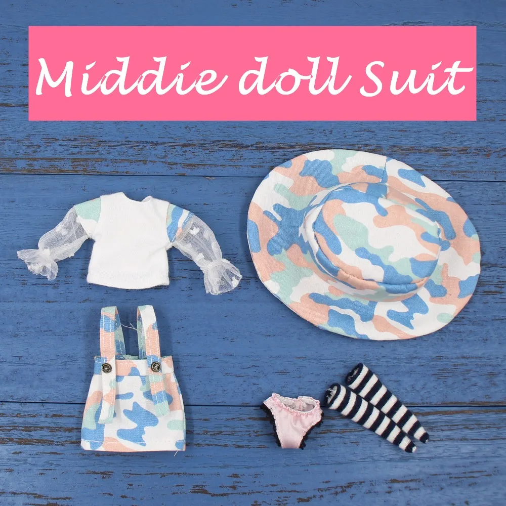 

suit for 1/8 20cm middie blyth doll Camo braces skirt with white shirt, hat and socks, only clothes, no doll.