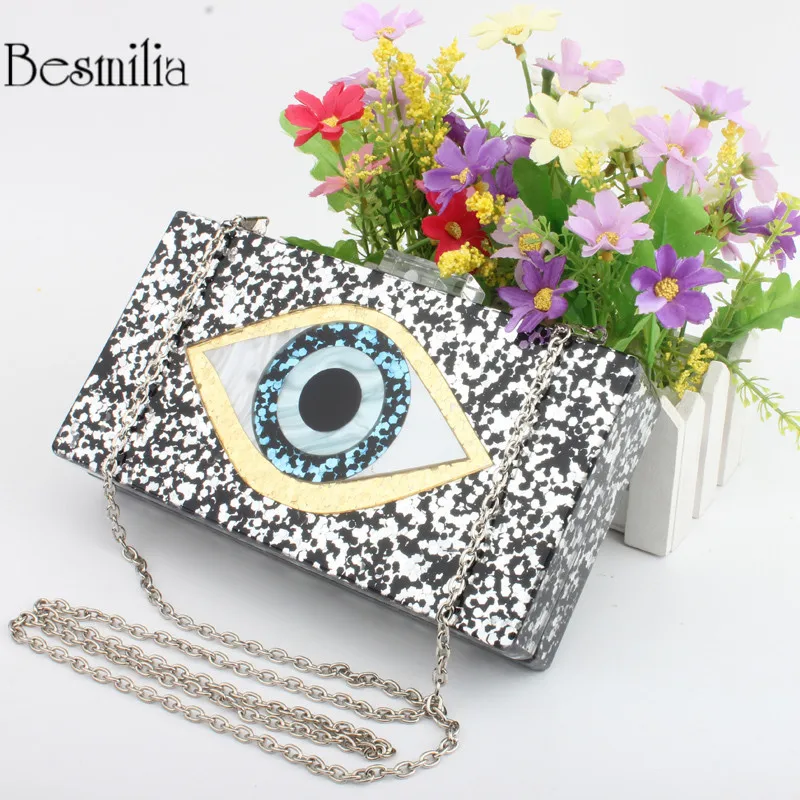 

Fashionable Shinning Mosaic Sequins Clutch Evening Bag Big Eye Acrylic Chain Shoulder Party Bag Ladies Cross Body Bag Mini Purse