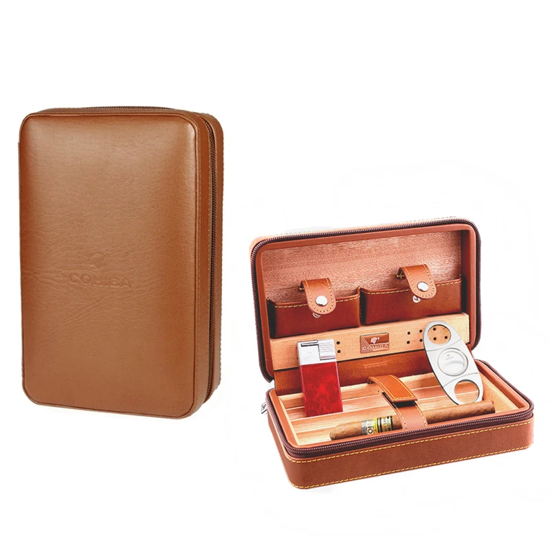 COHIBA Cigar Case Zipper Style PU Leather and Cedar Wood Cigar Humidor with Cutter and Lighter