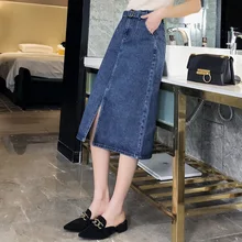 ; Новинка года; прямые джинсовые юбки для женщин; сезон весна-лето; Женская Офисная джинсовая юбка средней длины; большие размеры 26-40