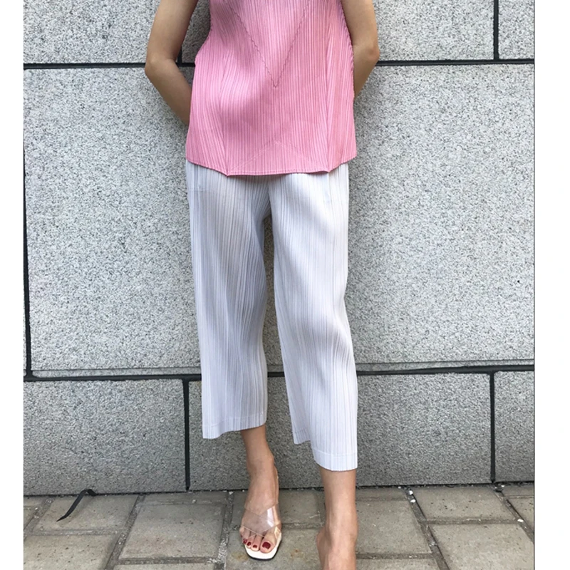 

Changpleat 2019 Summer New Women Pants Miyak Pleated Fashion Solid Loose Elastic waist large size Female Straight pants Tide P89