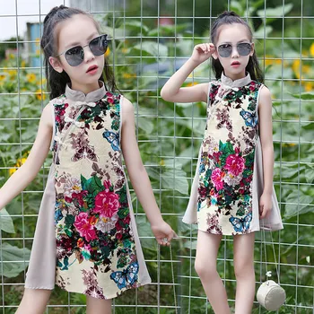 

2017 new summer girl cheongsam big child loose retro national wind sleeveless cotton dress girls clothes 3 4 6 8 10 12 years old