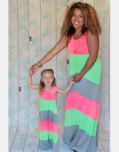 Summer Family Matching Outfits Mother Daughter Dresses Contrast Color Striped Long Dress Ankle-Length Mother & Kids Clothes