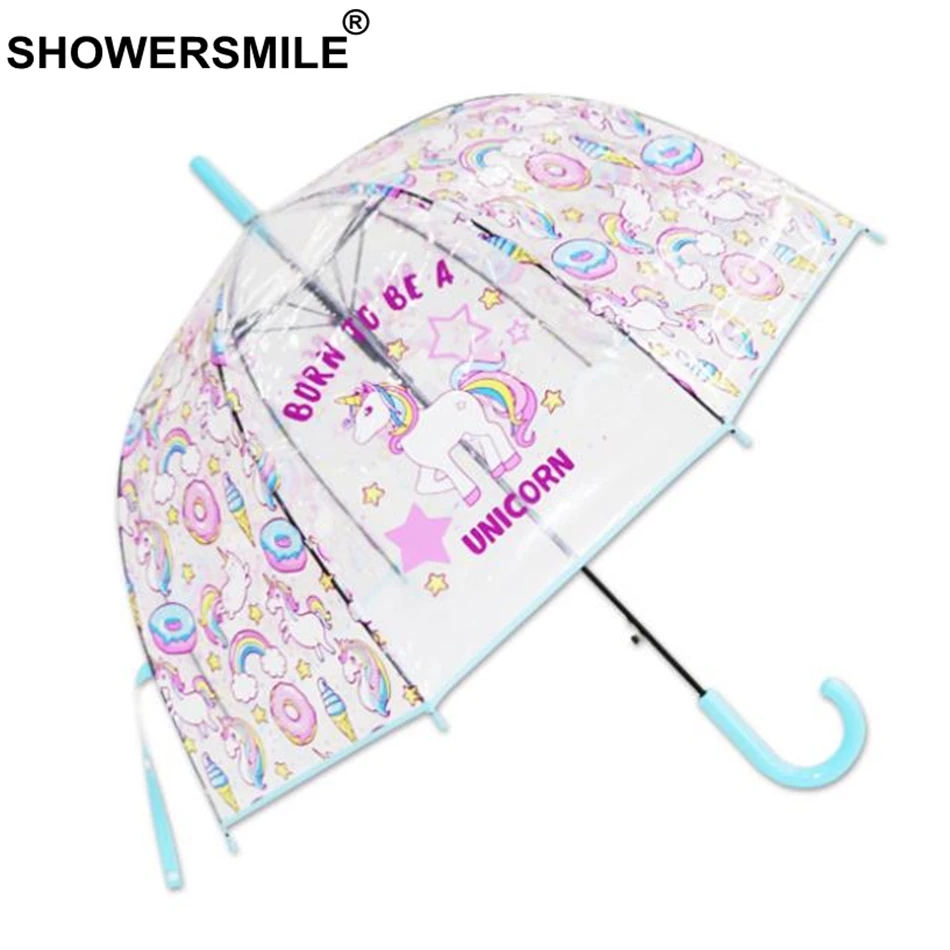 

SHOWERSMILE Unicorn Women Umbrella Rain Transparent Plastic Green Cute Clear Umbrella Female Long Handle POE Designer Brand New