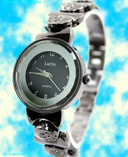 Популярные наручные часы Gunmetal Группа круглое зеркало стекло Циферблат Дамы для женщин Мода кварцевые браслет часы с кристаллами FW779B
