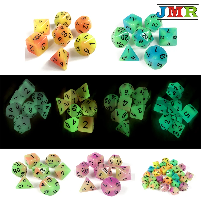 New Arrival! 7 Pc/set Glowing In The Dark Mixed Color Dice D4 D20 Novelty Funny Dice for
