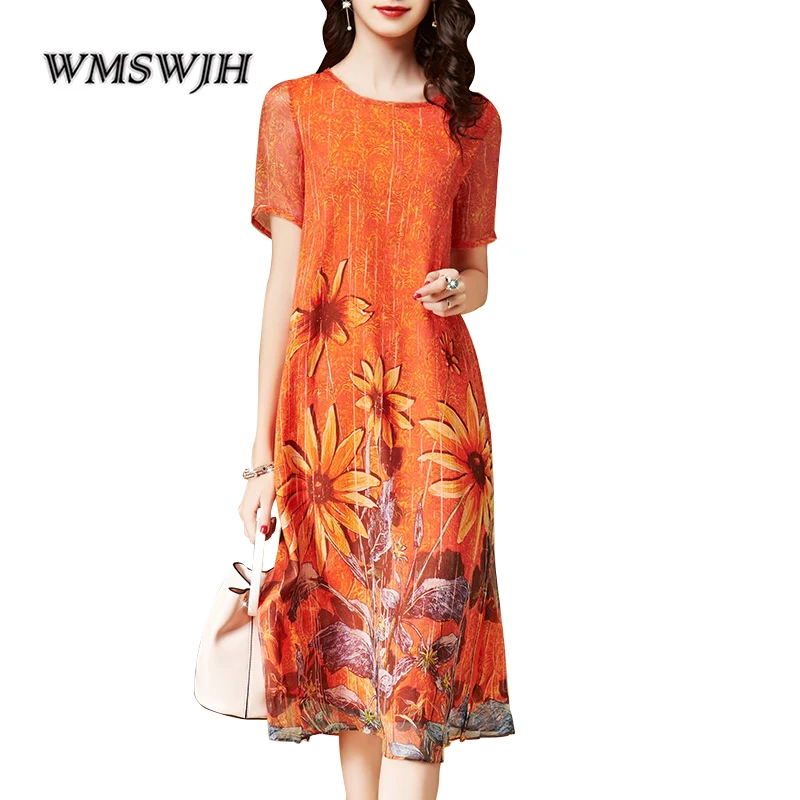 

2019 New Summer Dresses Women Print Exquisite Elegant Dress Fashion Casual Short Sleeve O-Neck Vintage orange Silk Dress