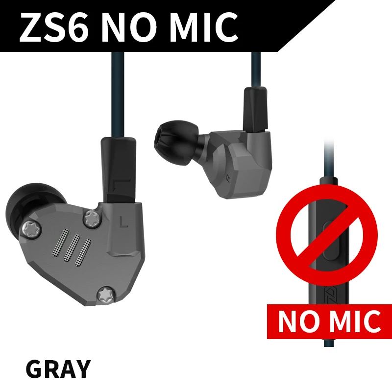Новинка KZ ZS6 2DD+ 2BA гибридные наушники-вкладыши HIFI DJ Monito спортивные наушники для бега наушники-вкладыши Наушники KZ ZS6 ZS10 ZS5 AS10 ES4 - Цвет: gray no mic