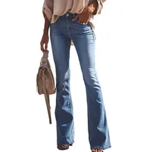 NORMOV пикантные Осенне-зимняя Дамская обувь брюки, джинсы с яркой отделкой до середины талии пуговицы хлопок полной длины в уличном стиле с оборками и штанишки с широкими штанинами