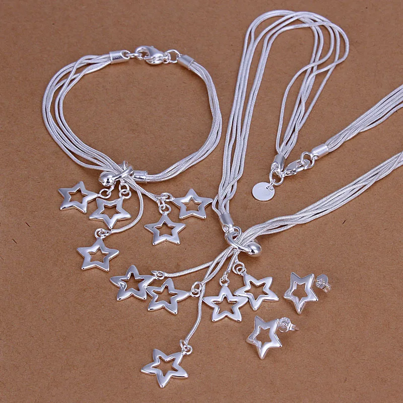 

Free Shipping Fashion 925 Jewelry Silver Plated Star Necklace&Bracelet&Earrings jewelry sets for women AS138