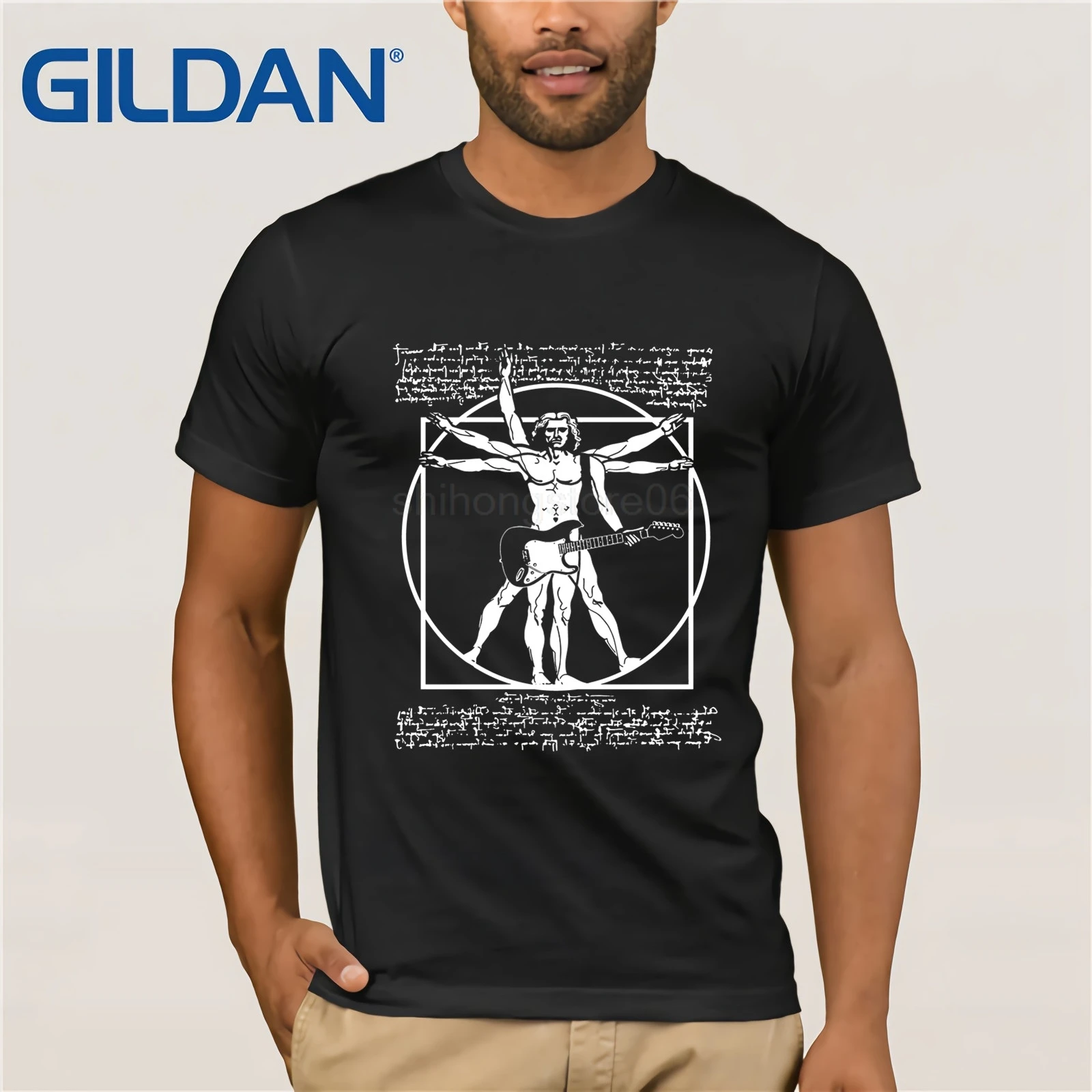 VITRUVIAN MAN PLAYING THE GUITAR DA VINCI GUITARIST LEONARDO PARODY T Shirt | Мужская одежда