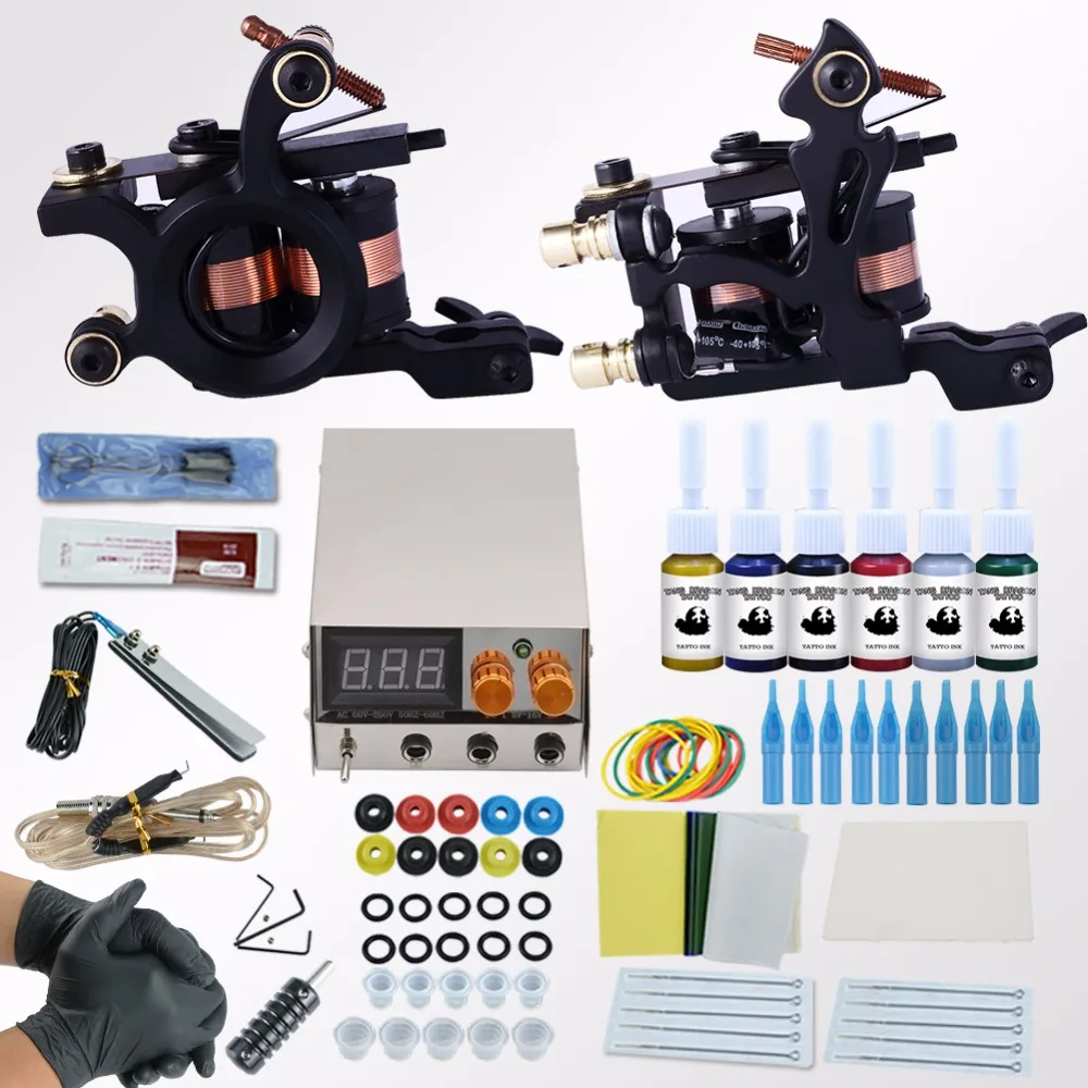 Complete Tattoo Kits Beginner Tattoo Machine Guns Power Supply 6 Color