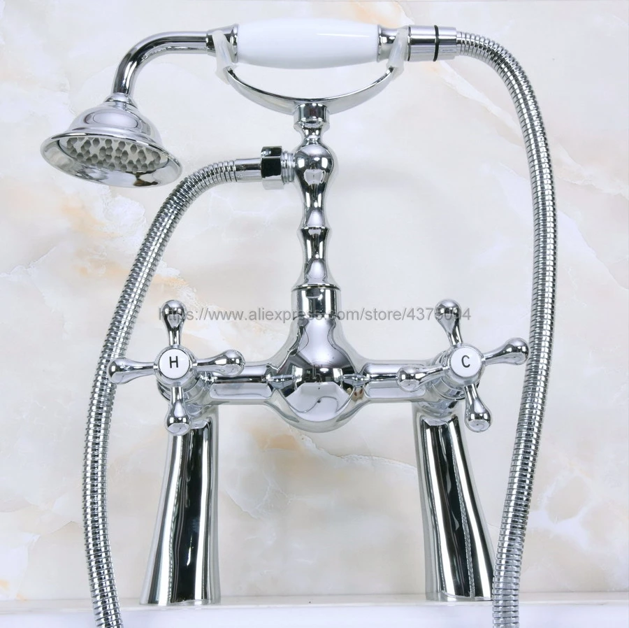 Polished Chrome Bathroom Shower Faucet With Hand Held Shower Head Set Double Handles Deck Mounted Bathroom Faucet Nna131