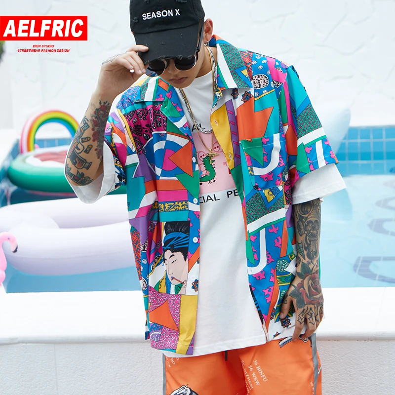 Camisa de Homem Aelfric Camisa Curto da Luva Homens Hip Hop Streetwear Ukiyoe Japonês Casual 2018 Moda Verão Camisas Havaianas He01 Macio