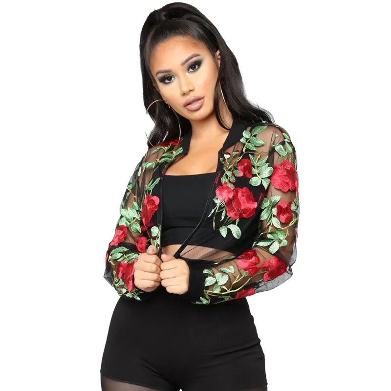 

Long Sleeve Floral Embroidery Bomber Jacket Women Streetwear Harajuku Lightweight Autumn Jacket Female Sheer Mesh Jackets Coats