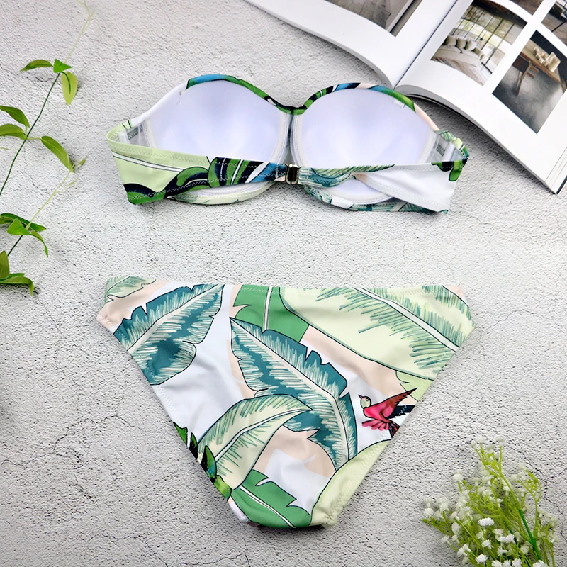 2018 Sexy Leaf Print Bikini Retro Tropical Palm Swimsuit Off Shoulder Push Up Bikini Set Bathing Suit Swimwear Women