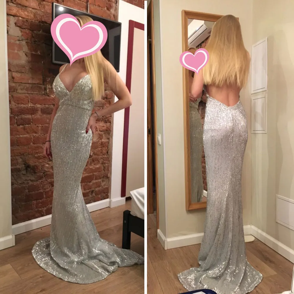 

Sexy Sliver Prom dress V-neck New 2019 Sleeveless fashion Sequin long party shiny Backless