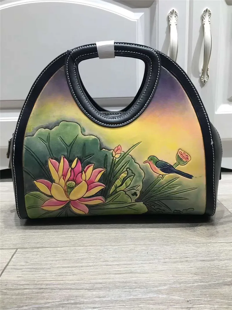 

DIOLEVY Handbag Women Leather Shoulder Bags Handmade Carved Genuine Leather Top-handle Bags Fashion Ladies Handbags