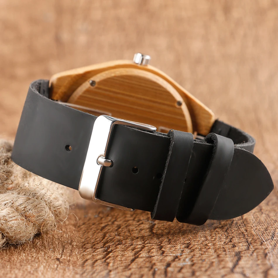 Minimalist Wrist Watch Men Handmade Bamboo Wood Clock Sport Creative Bangle Black Genuine Leather Band Strap Modern Style Gift (2)