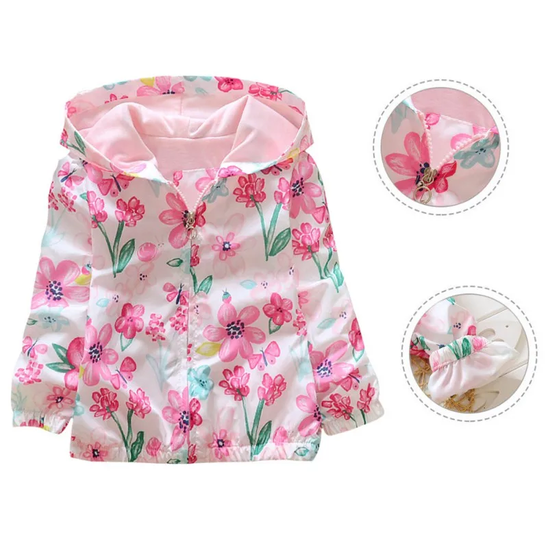 

Autumn Kids girls Jacket Flowers Printed Hooded Outwear Long Sleeve Windbreaker Child Girls Hoodie Coats 2-7Y