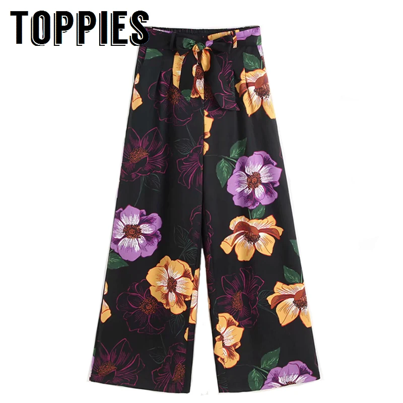 

Vintage Floral Printing Black Wide Leg Pants High Waist Loose Trousers Tie Waist Leisure Pants Casual Streetwear