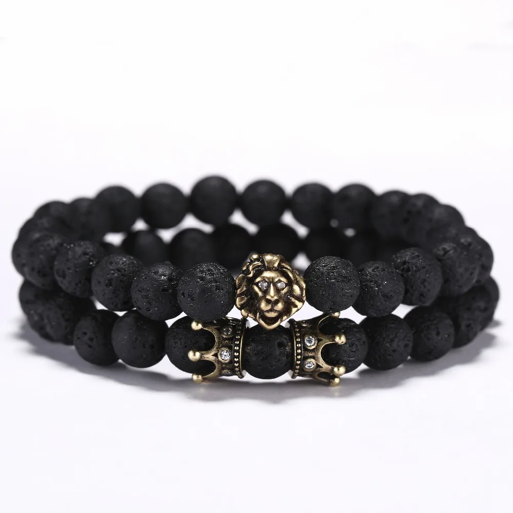 Браслет с 2 парными бусинами из лавы античный золотой серебристый цвет Braclet для