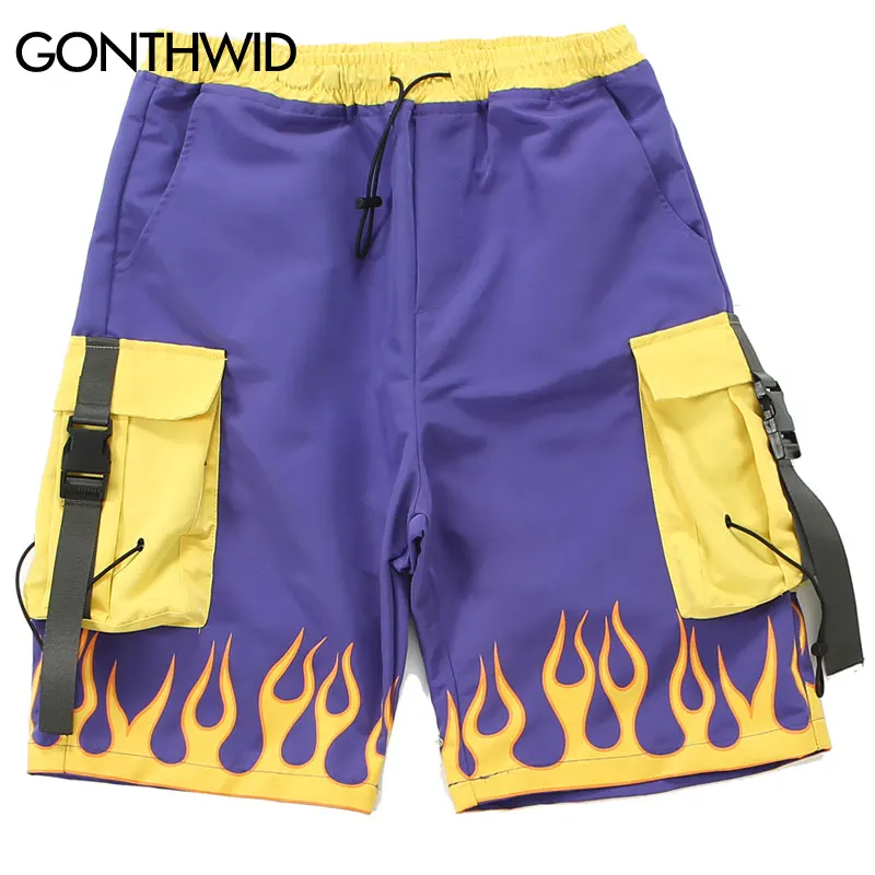 GONTHWID шорты с боковым ремнем, пряжкой, огненным пламенем, в стиле хип-хоп, с несколькими карманами, уличная одежда, короткие штаны, летние мужские брюки