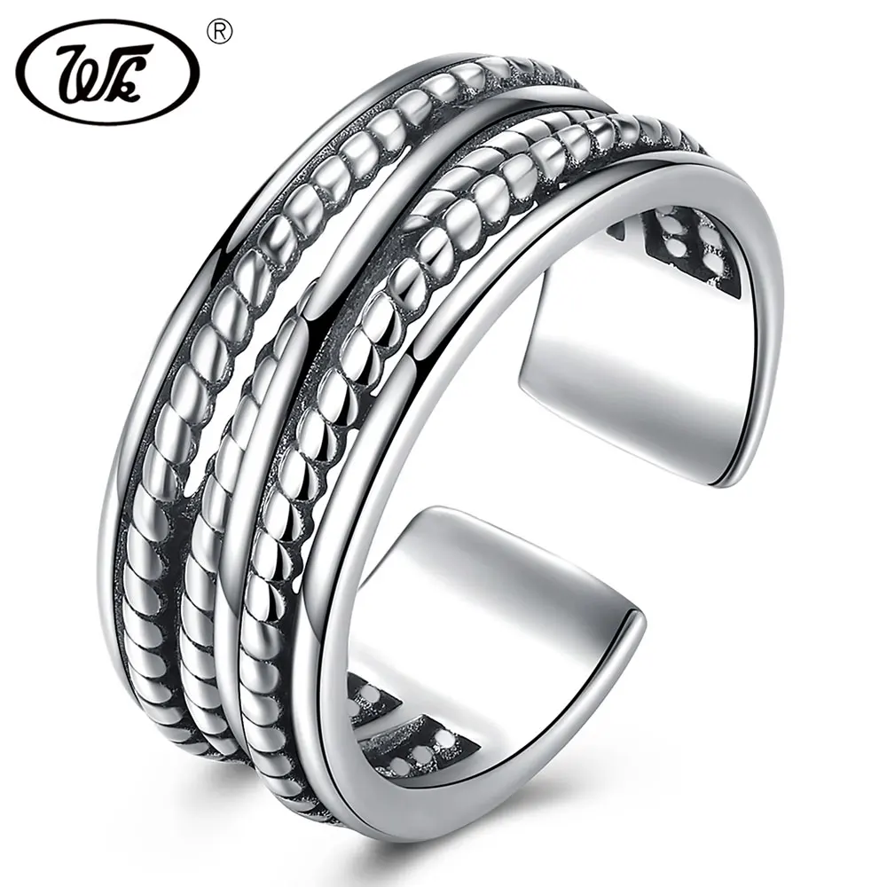 

WK NEW Genuine 925 Sterling Silver Jewelry Vintage Open Wide Ring Silver Adjustable Braided Rings For Women Girls Gift W4 NRY05