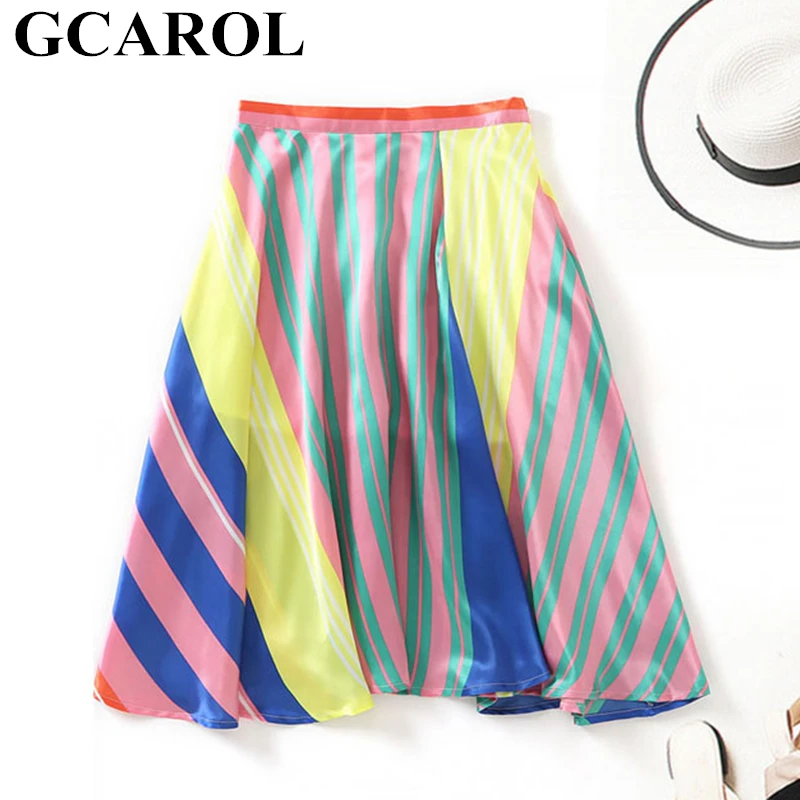 

GCAROL New Summer Spring Rainbow Stripe Long Skirt With Lining Pleated Big Hem Width A-Line Colorful Women Holiday Party Skirt