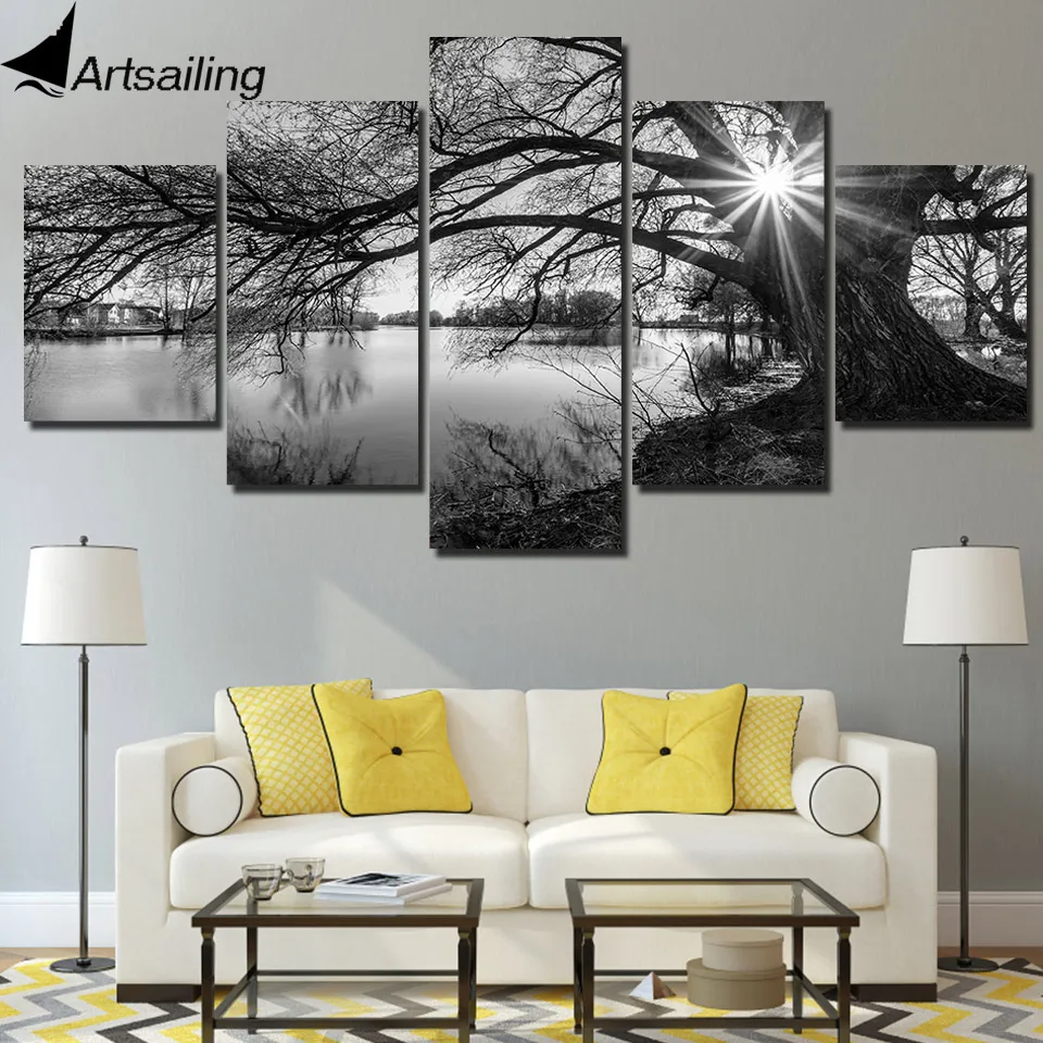 

canvas wall art 5 piece Lakeside Big Trees Poster Black White Landscape Painting picture for living room decor posters