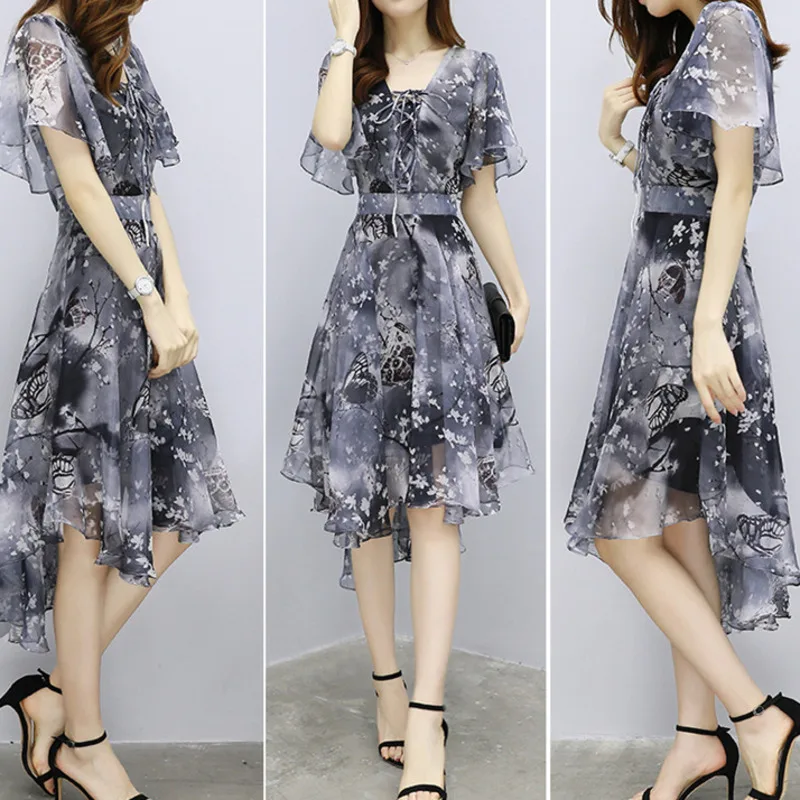2018 فستان صيفي النساء الكورية نمط ضئيلة اللباس الطباعة غير النظامية مزاجه عارضة أزياء زائد حجم الشيفون الشاطئ فساتين A187