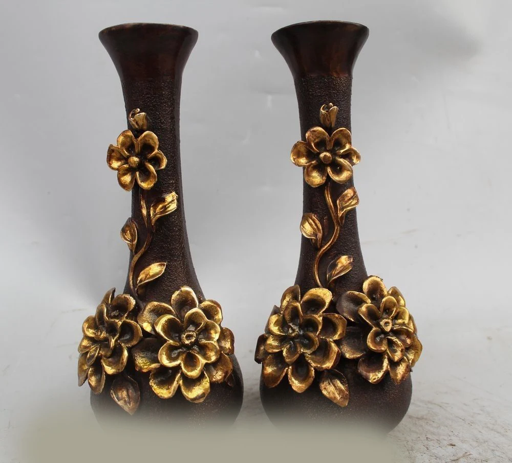 

DS 10" Marked Chinese Dynasty palace Bronze Gild flower Bottle Vase Pair