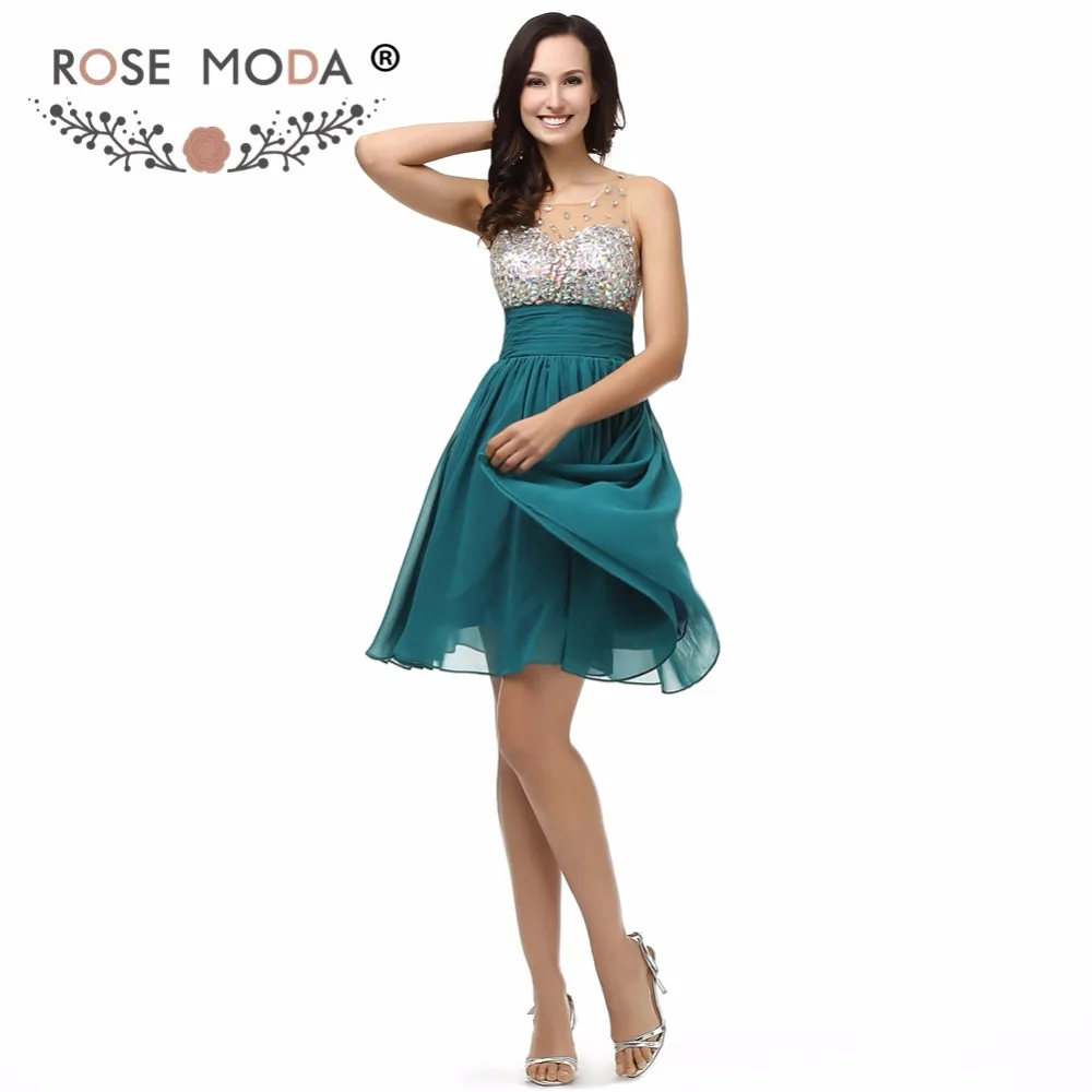 Rose Moda Bling Short Teal Prom Dress Crystal Beaded Knee Length Prom