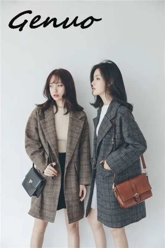 

Autumn/Winter S-L New Fashion Loose Plaid Thick Women Woolen Coat with Pocket 2019 Casual Female Outwear Coffee Gray One Button