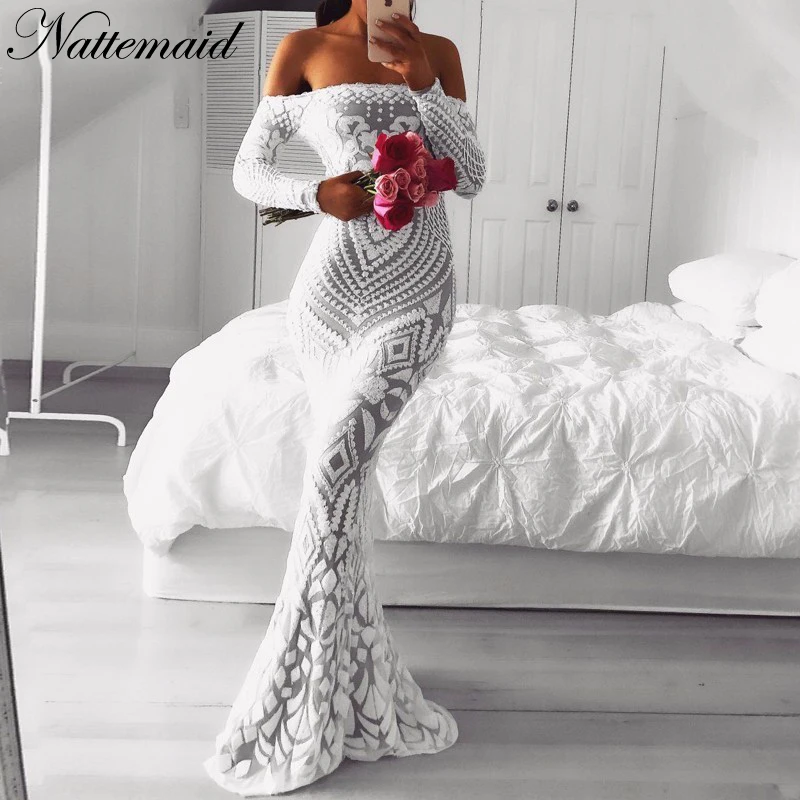 NATTEMAID белое длинное платье макси с открытыми плечами, Сетчатое облегающее платье с блестками, женские вечерние платья без бретелек, сексуальные летние платья