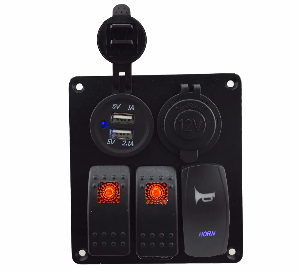 

Iztoss 3 gang rocker switch and horn switch panel with power socket 3.1A dual USB wiring kits and Decal Sticker Labels DC12V/24V