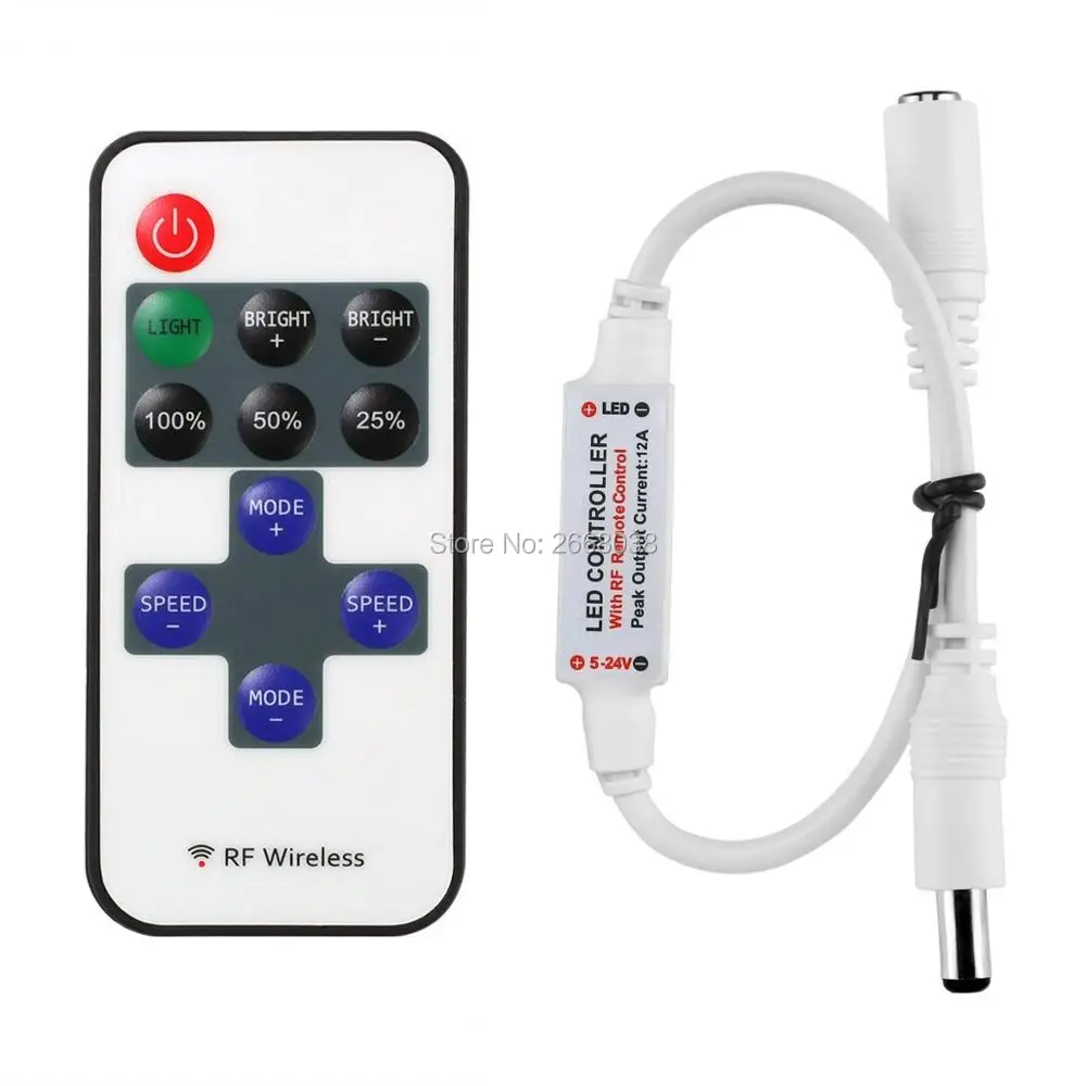 Mini Remote Controller for Single Color LED Strip Lights, RF Dimmer for 12 V DC LED Light Strips, 12A, Wireless Remote Control for All Dimmable 3528 5050 LED Strip