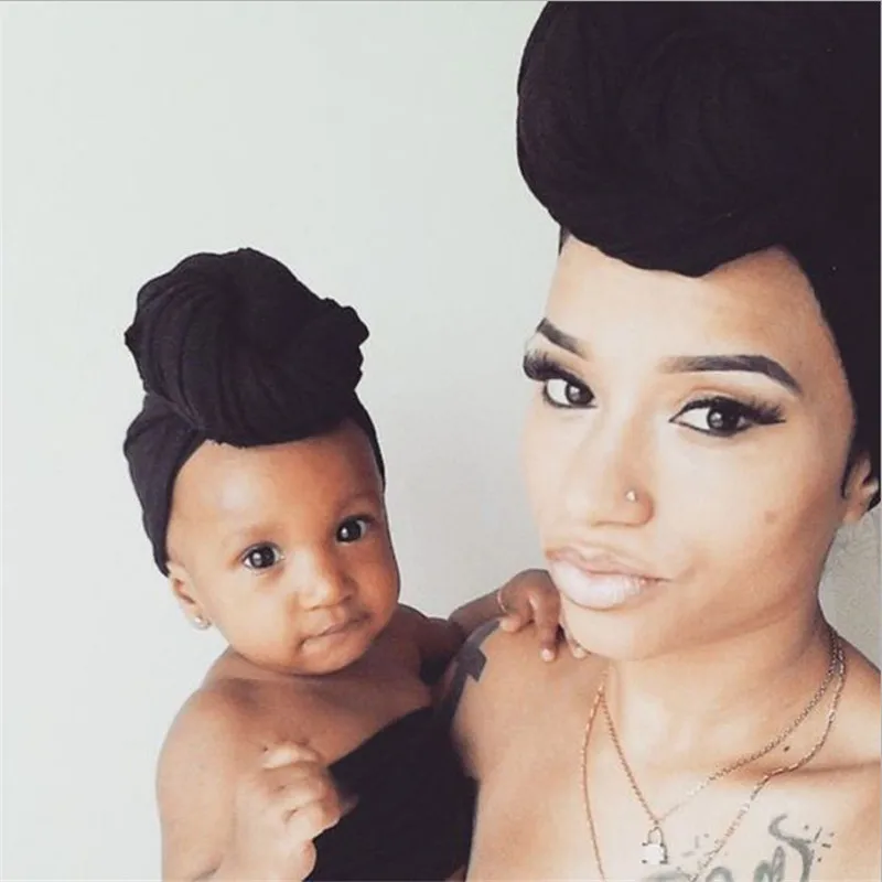 

Parent-child Cotton Turban wrap hat baby mom bow-knot Newborn Cap Muslim style Parent-child Hijabs solid Summer Hat kids cover