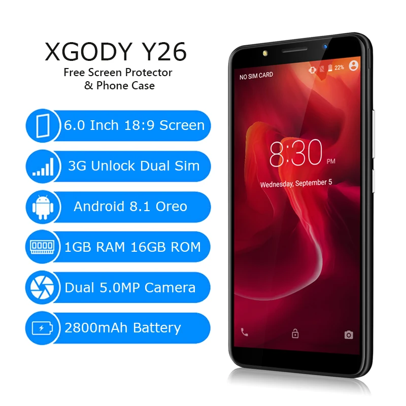 XGODY смартфон 6 0 дюймов 18:9 Android 8 1 Dual Sim мобильный телефон 4 ядра Гб + 16 2800 мАч 5MP камера