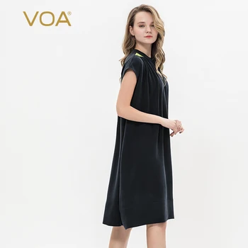 

VOA Heavy craft Silk Standing collar Button sleeve Contrast color splice Elegant and comfortable Loose Medium dress A10197