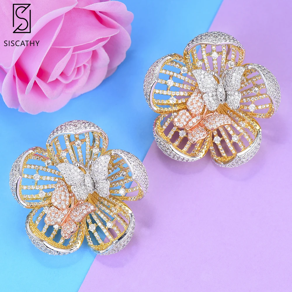 

SISCATHY Trendy Women Flower Earrings 2019 New AAA CZ Earrings Three Tones Mixed Wedding Statement Earrings Jewelry Wife Gift