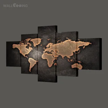 

WALL COOING Home Decor Painting Calligraphy World Map Picture Waterproof Canvas HD Print 5pcs Black Design Art