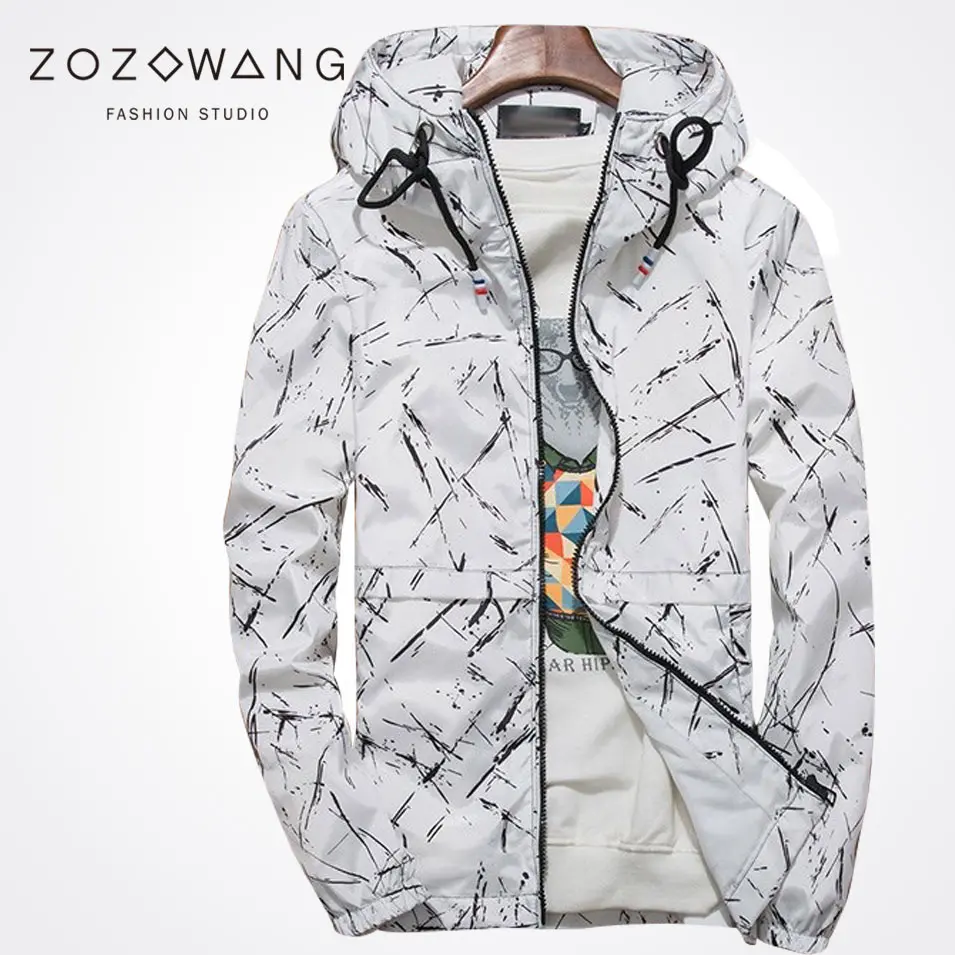 Zozowang new fashion print rid sleeve hooded stripes jacket men sunscreen coat streetwear air force plot coat men 