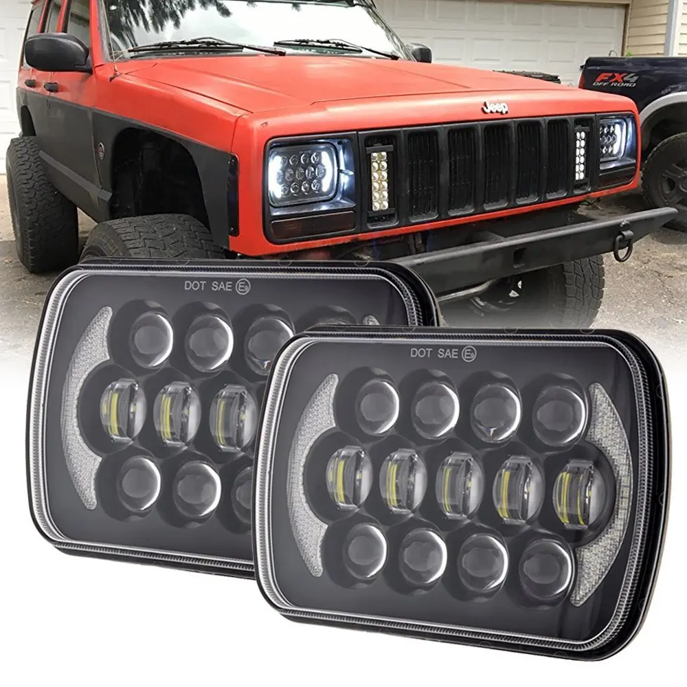 6x7 inch Rectangle Osram High Low Beam Led Headlights for Jeep Wrangler YJ Cherokee XJ H6054 H5054 H6054LL 69822 6052 6053 with Angel Eyes DRL (Black Pair)