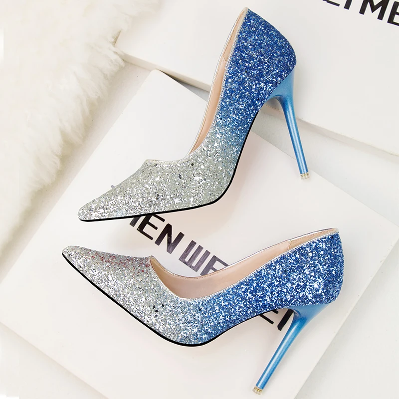 

2019 new style Women high heels gradient ramp mixed color shoes Bling bling Crystals elegant pumps Paillette sexy shallow